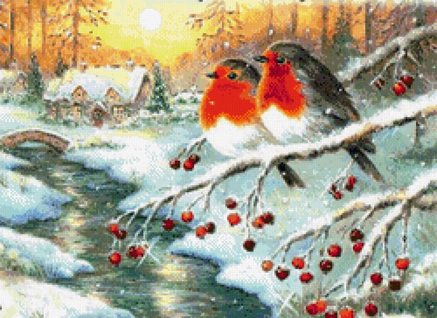снегири на калине - дерево, река, зима, деревня, лес, калина, снег, снегири - предпросмотр