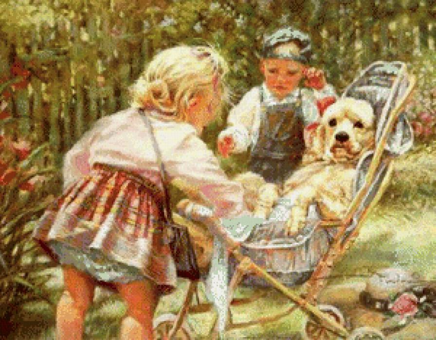 терпеливый друг - дети, друзья, игра, мальчик, девочка, собака - предпросмотр