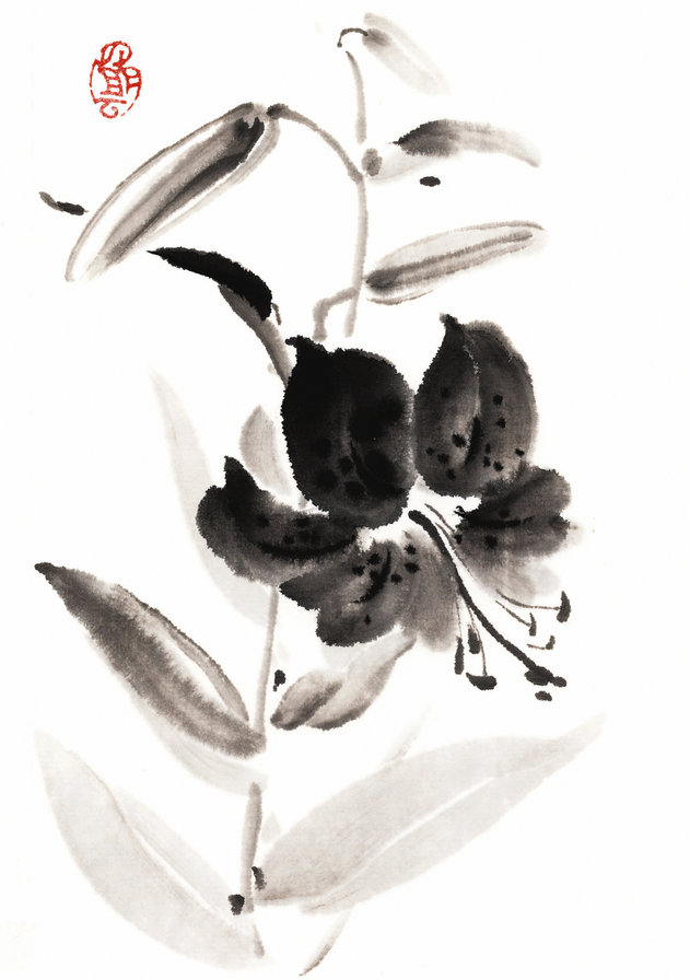 лилии - китайская живопись, цветы - оригинал