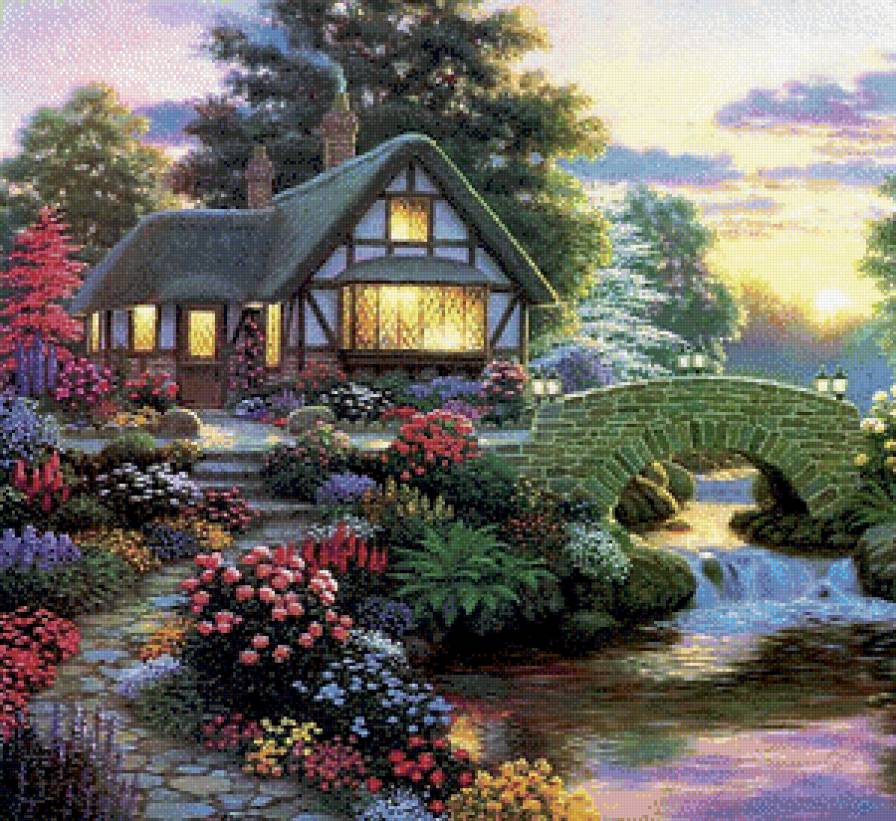 Уютный уголок - домик, речка, пейзаж - предпросмотр