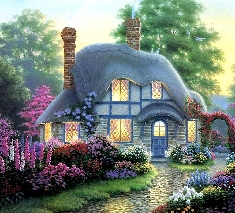 Уютный уголок - домик, цветы, сад, пейзаж - оригинал