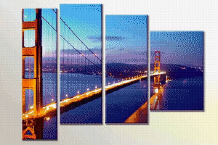 триптих мост - огни, вечер, река - предпросмотр