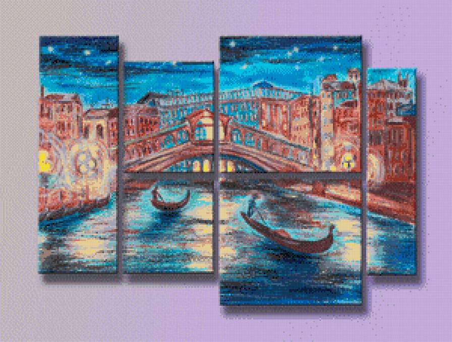 триптих венеция - гандолы, огни, вечер, мост, река - предпросмотр