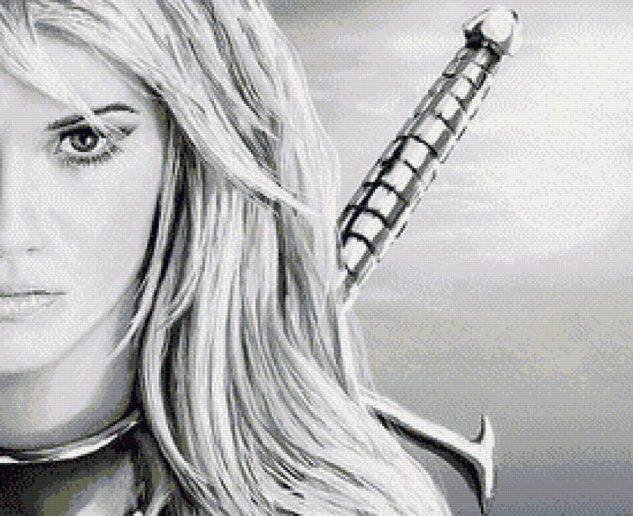 Женщина-воин - люди, женщина, монохром, воин, меч, дама, девушка - предпросмотр