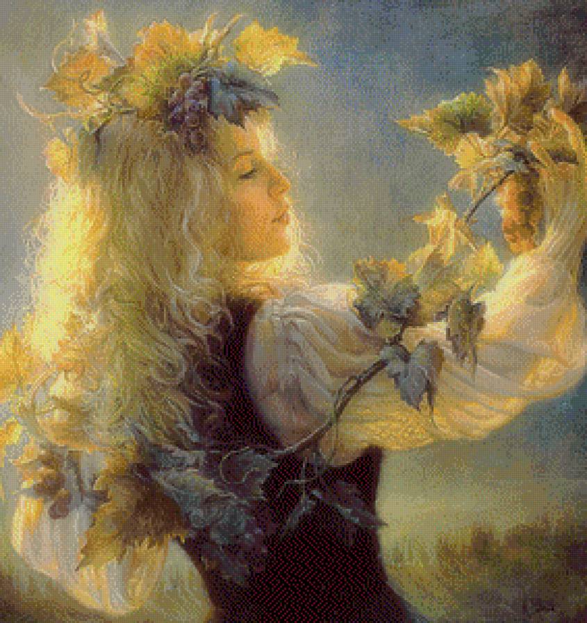 Девушка с виноградной лозой - женщина, лоза, люди, виноград, осень, дама, девушка - предпросмотр