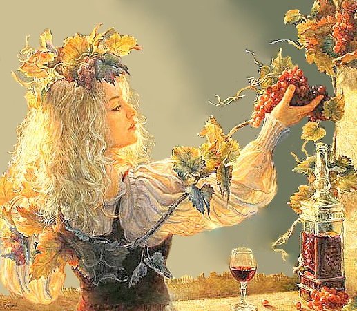 Девушка с виноградной лозой-2 - осень, дама, виноград, женщина, лоза, люди, девушка, живопись - оригинал