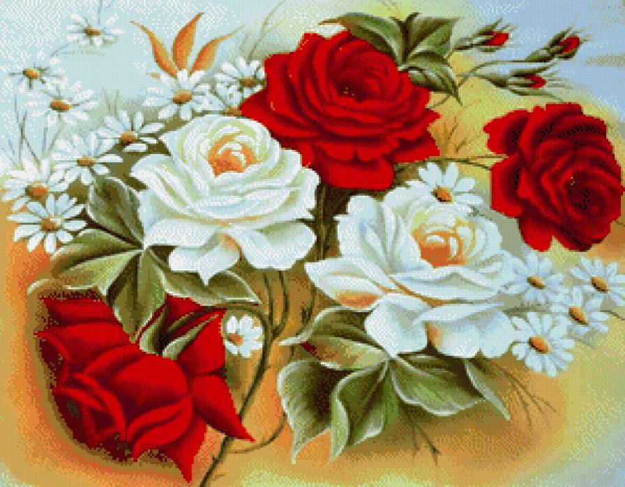 Прекрасные цветы - цветы, букет, розы, ромашки - предпросмотр