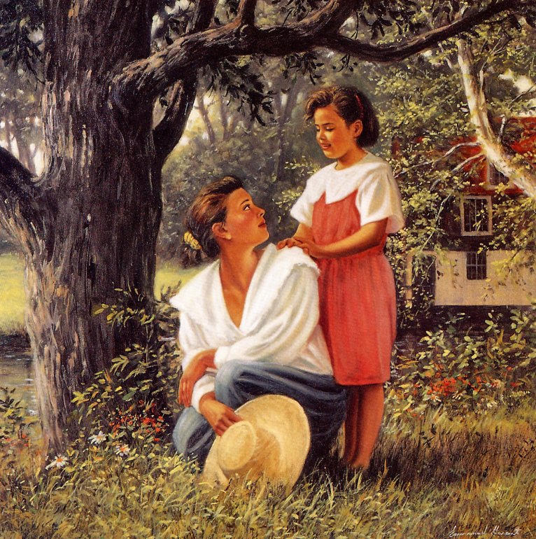 Прогулка с мамой - дети, домик, девочка, пейзаж, девушка - оригинал