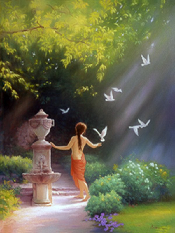 В лучах солнца - птицы, девушка, пейзаж, цветы, парк - оригинал