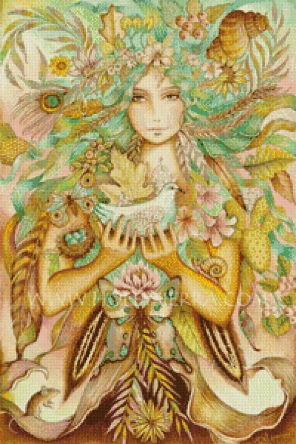 Богиня - девушка, голуби, птицы - предпросмотр