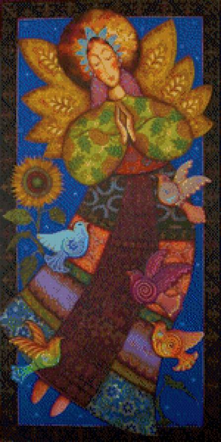 Девушка в орнаменте - голуби, девушка, птицы - предпросмотр