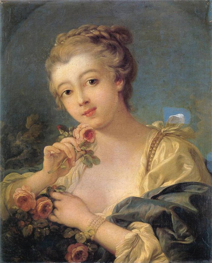 Молодая женщина с букетом роз. - дамы, женщины, цветы, живопись, розы - оригинал