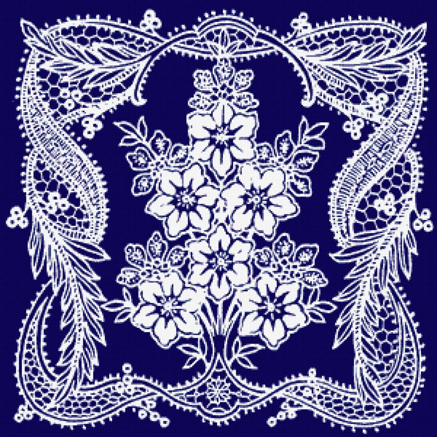 кружево - цветы, кружево, монохром, сине-белый - предпросмотр