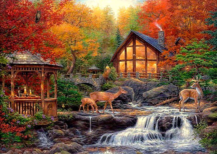 Лесные гости - осень, беседка, олени, пейзаж, домики, водопад, река - оригинал