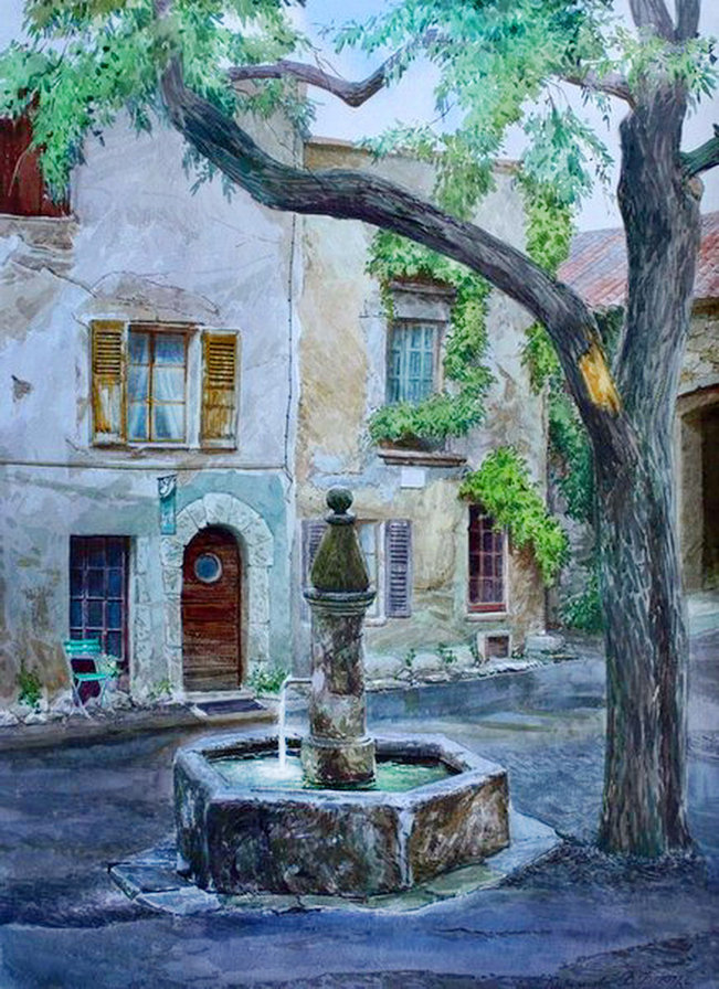 городской фонтан - дом, картина, дерево, живопись, вода - оригинал