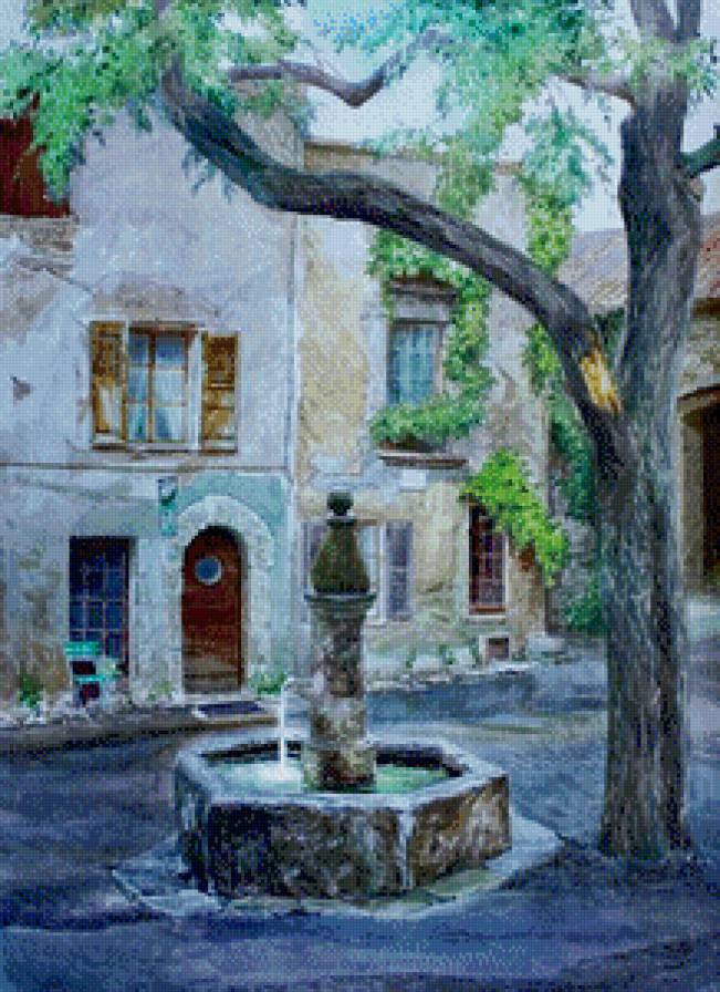 городской фонтан - вода, живопись, дом, картина, дерево - предпросмотр