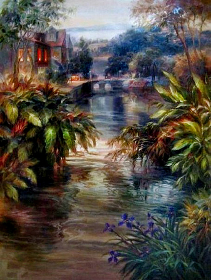 дикая природа рядом - пейзаж, картина, цветы, живопись, река, джунгли, дом, мост - оригинал