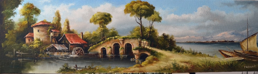 мельница у моста - картины, картина, пейзаж - оригинал