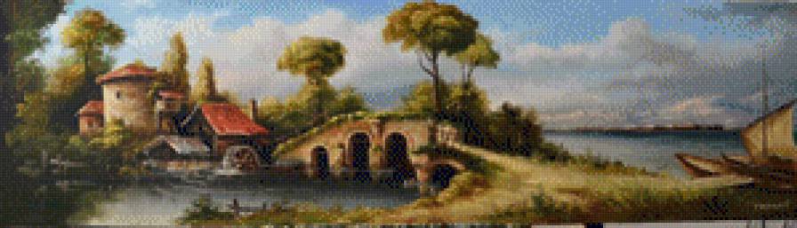 мельница у моста - картины, пейзаж, картина - предпросмотр