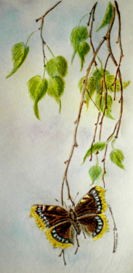 панно - бабочка, ветка, живопись, листья, береза - оригинал