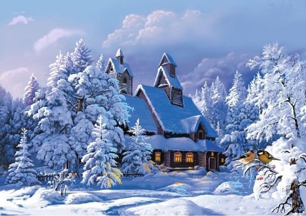 Зимняя сказка - домик, синицы, зима, пейзаж, птицы - оригинал