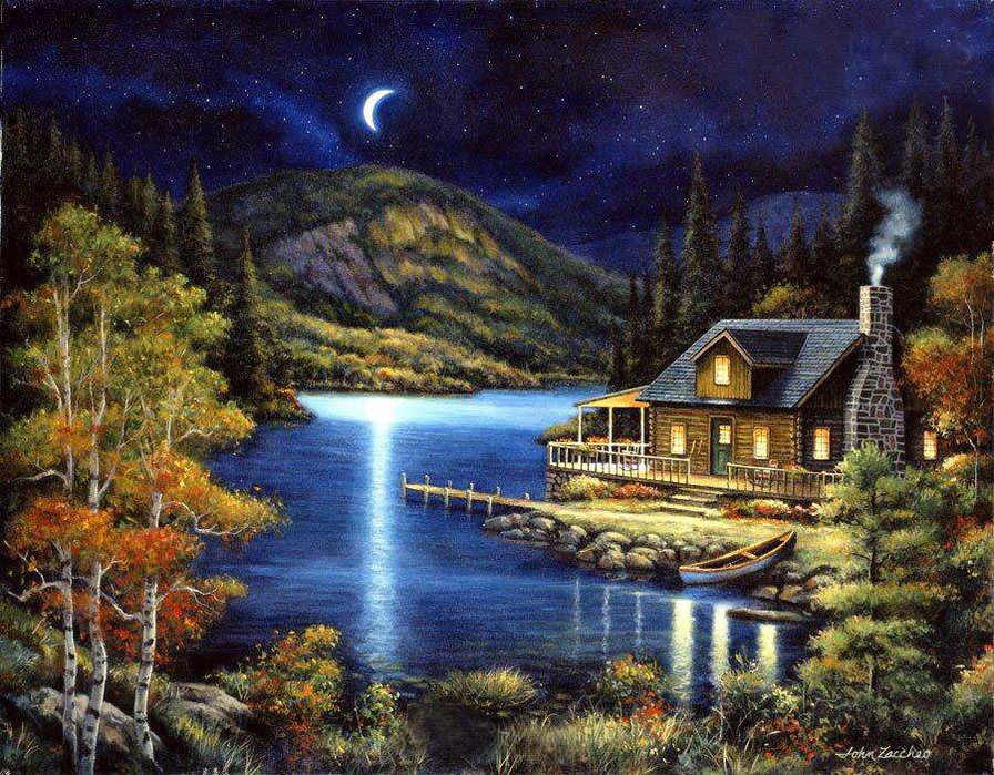 Уютное местечко - пейзаж, озеро, домик, горы - оригинал