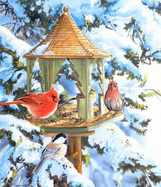 Серия "Птичий домик" - домик, зима, синицы, кардиналы, птицы - оригинал