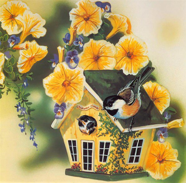 Серия "Птичий домик" - птицы, цветы, синицы, домик - оригинал