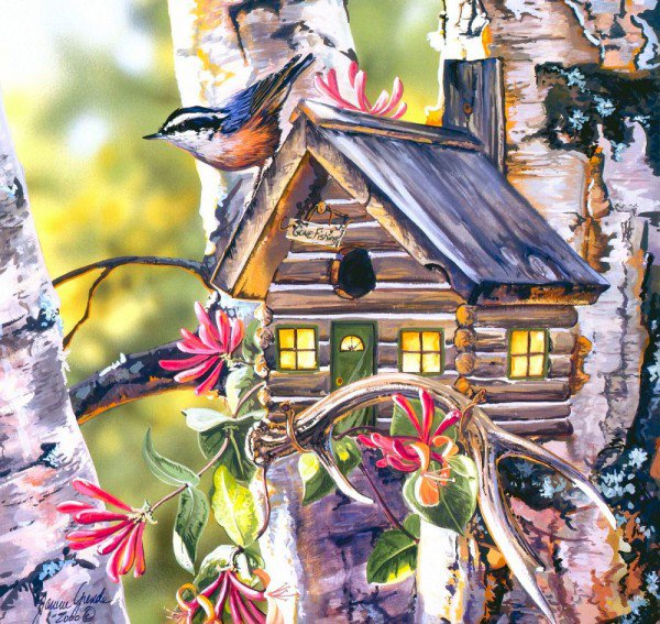 Серия "Птичий домик" - птицы, пейзаж, домик - оригинал