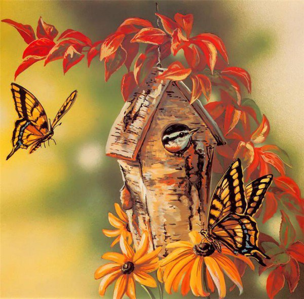 Серия "Птичий домик" - домик, бабочки, цветы, птицы - оригинал