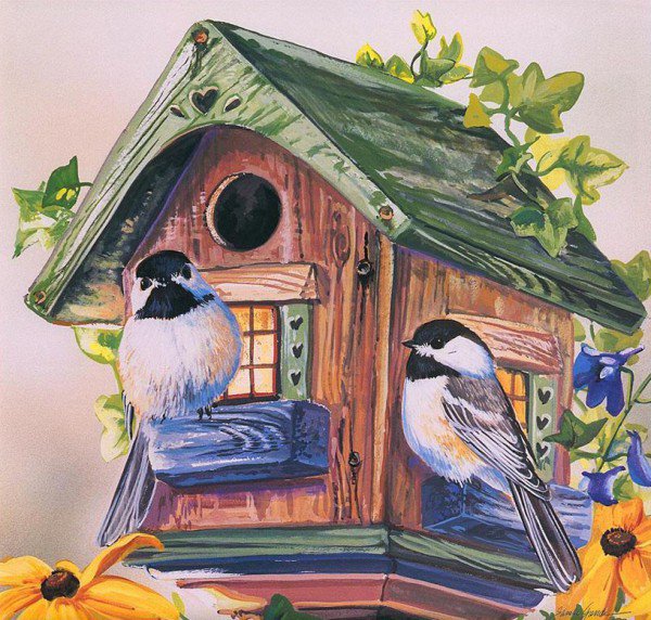 Серия "Птичий домик" - домик, цветы, птицы - оригинал