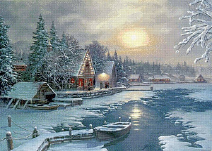 Зимний пейзаж - пейзаж, река, зима, лодка, елочки, село, домики, снег - предпросмотр