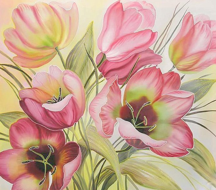 Тюльпаны (Батик Н.Соколовой) - тюльпаны, цветы, живопись, батик - оригинал