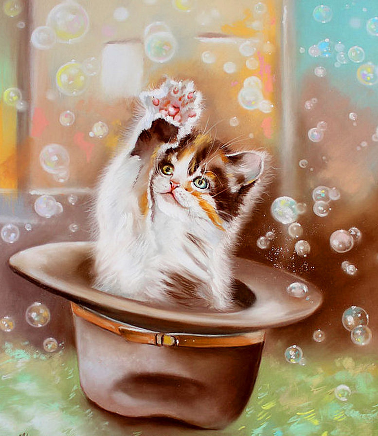 мыльные пузыри - тоже игрушка - шляпа, котенок, лапушка, живопись, милашка, кот - оригинал