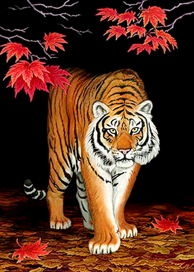тигр - листья, клен, взгляд, осень, хищник, живопись - оригинал