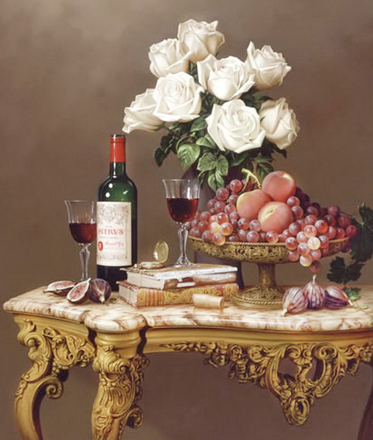 натюрморт - живопись, картина, мебель, вино, розы, бутылка, бокал, букет, виноград - оригинал