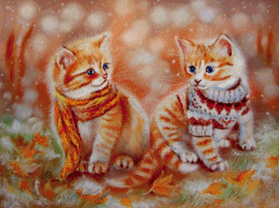 рыжая осень - пара, свитер, кот, шарф, котенок, лапушка, милашка, листья - предпросмотр