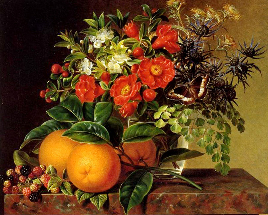 старинная картина - бабочка, ваза, живопись, ягоды, цветы, апельсин, букет - оригинал
