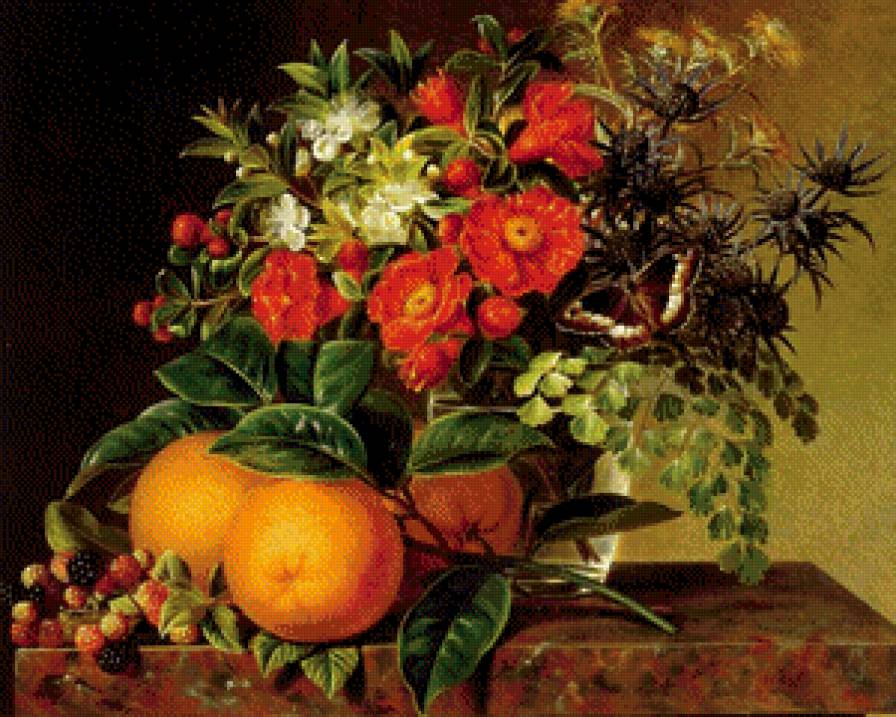 старинная картина - букет, живопись, бабочка, апельсин, цветы, ягоды, ваза - предпросмотр