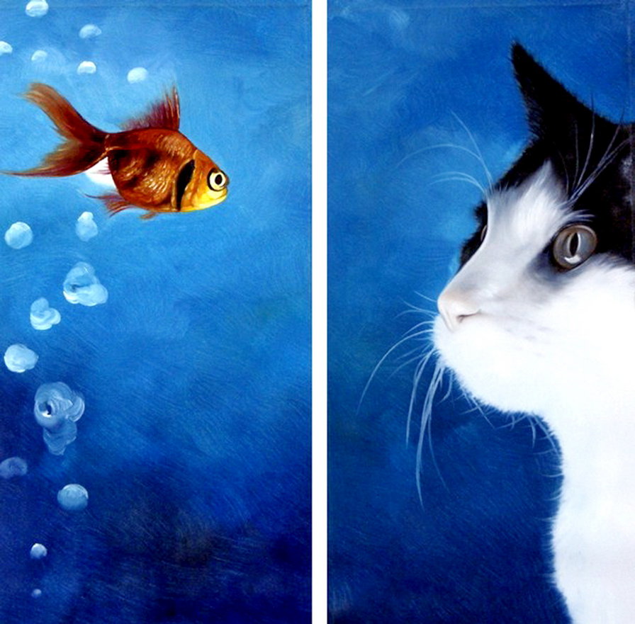 диптих "кот и рыбка" - живопись, картина, кошка - оригинал