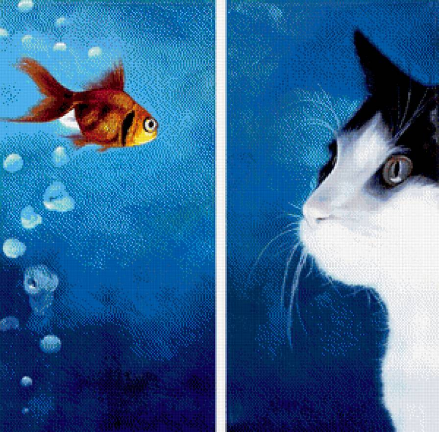 диптих "кот и рыбка" - картина, кошка, живопись - предпросмотр