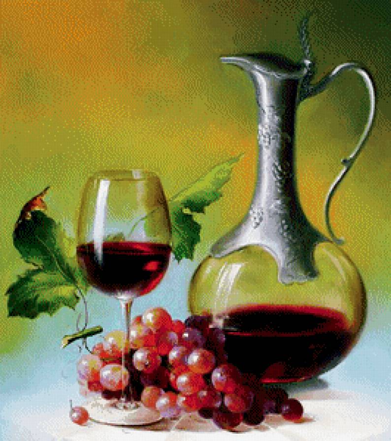натюрморт - бокал, виноград, живопись, листья, графин, вино, картина - предпросмотр