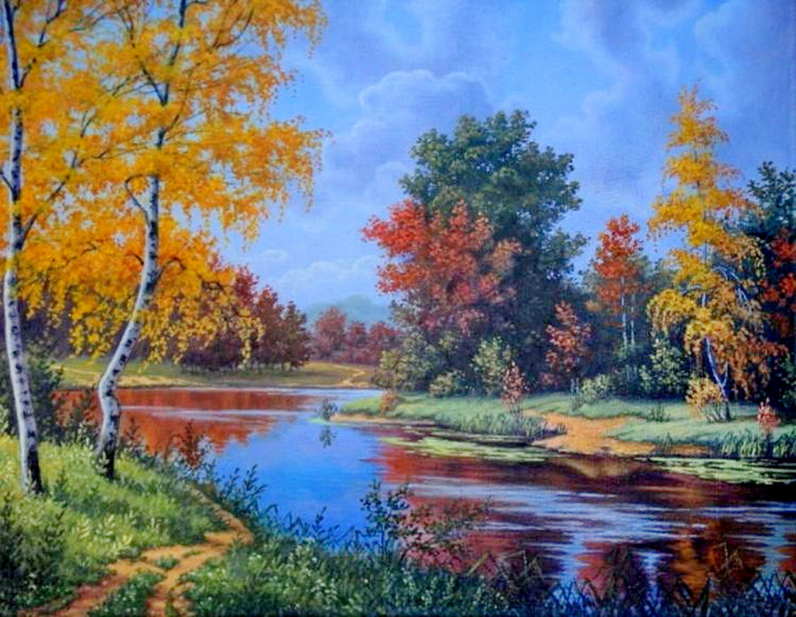 осень - береза, река, картина, природа, дорога, живопись, роща - оригинал