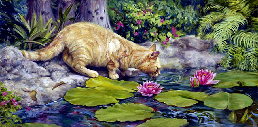 кошка у пруда - цветы, лотос, живопись, кот, вода - оригинал