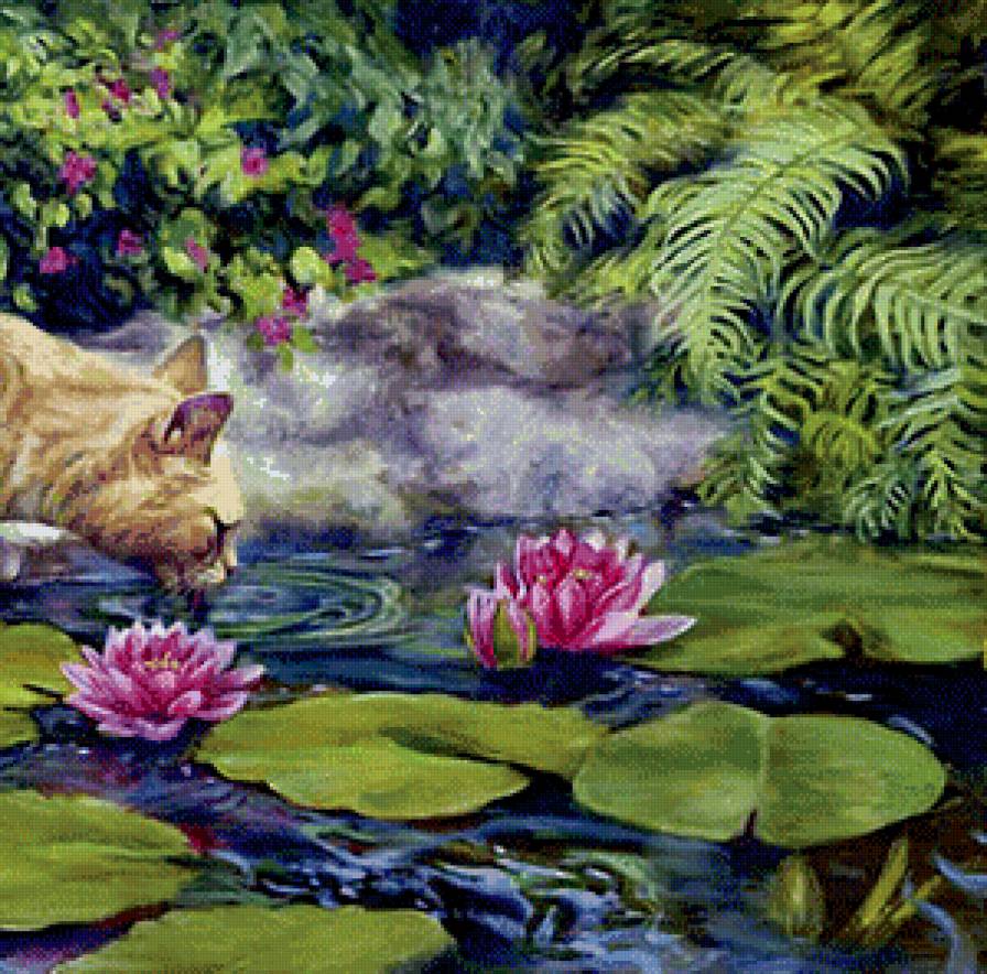 кошка у пруда часть 2 - лотос, живопись, вода, кот, цветы - предпросмотр