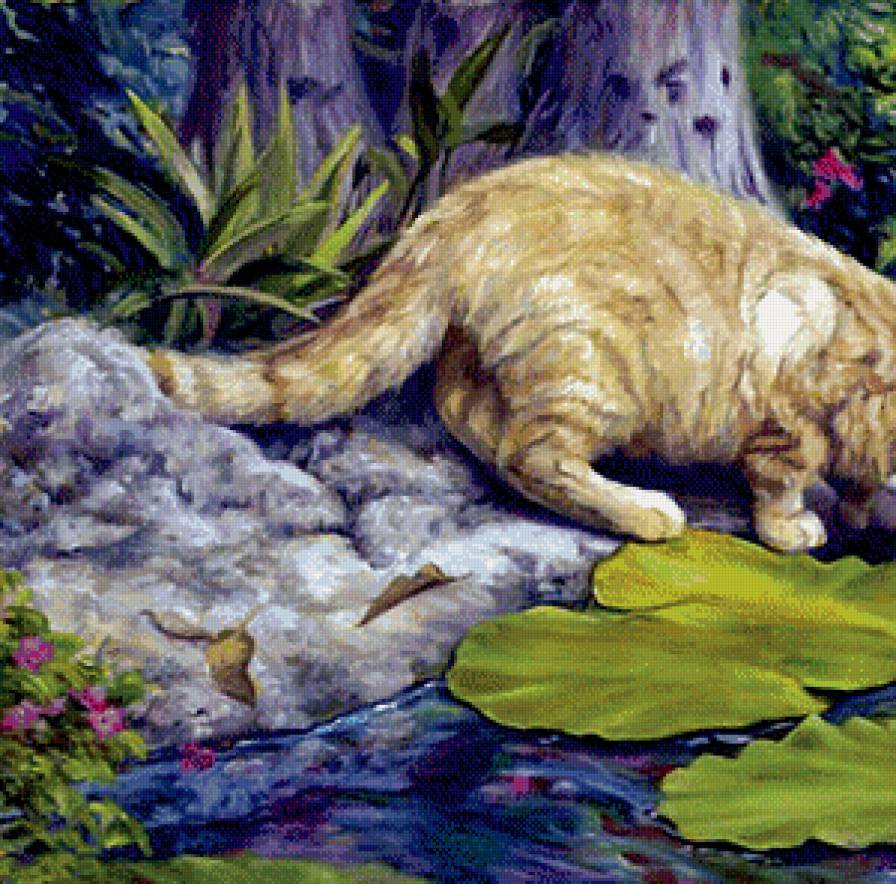кошка у пруда часть 1 - живопись, вода, цветы, лотос, кот - предпросмотр
