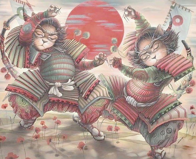 Самураи (батик Н.Соколовой) - фэнтези, кошки, живопись, батик, животные, самураи - оригинал