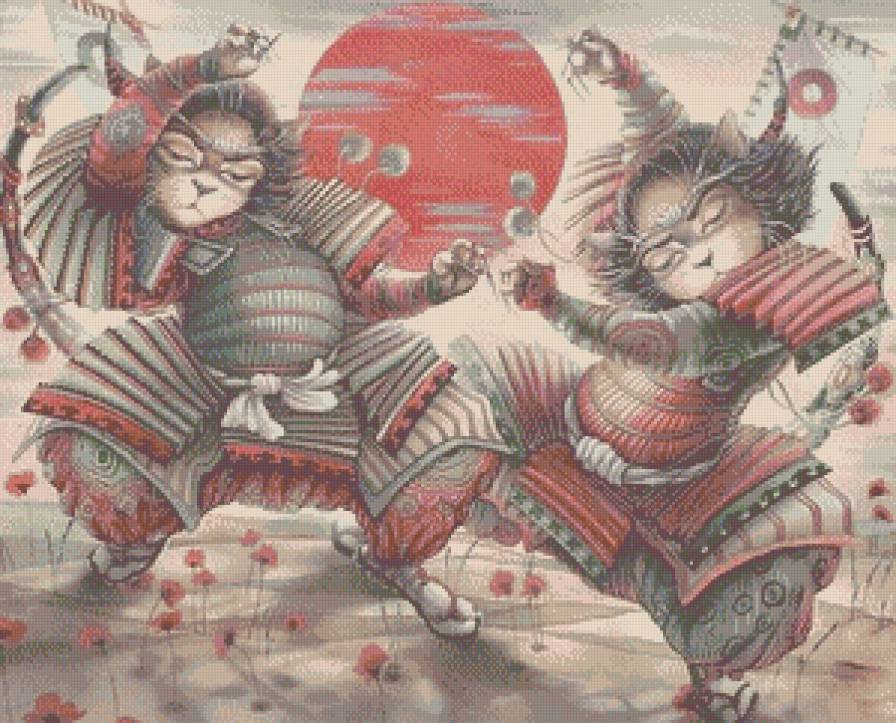 Самураи (батик Н.Соколовой) - самураи, кошки, живопись, батик, фэнтези, животные - предпросмотр