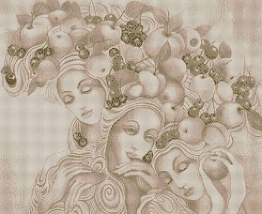 Фруктовое изобилие (батик Н.Соколовой) - девушка, сепия, люди, фрукты.монохром, дама, женщина - предпросмотр