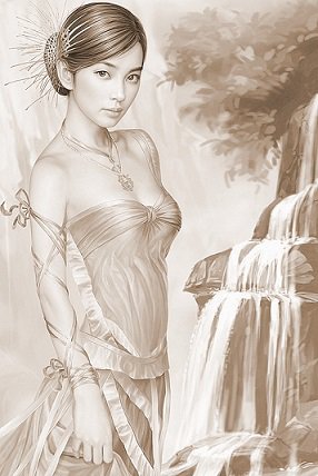Женский образ (живопись) - сепия, женщина, девушка, люди, водопад, монохром, дама - оригинал